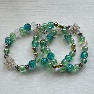 Hand Beaded Artisan Crystal Bracelet Stack Silver Turquoise Butterfly Flower